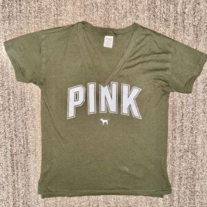 PINK Victoria's Secret Women's Deep V-Neck Short Sleeve Olive Green Logo T-Shirt